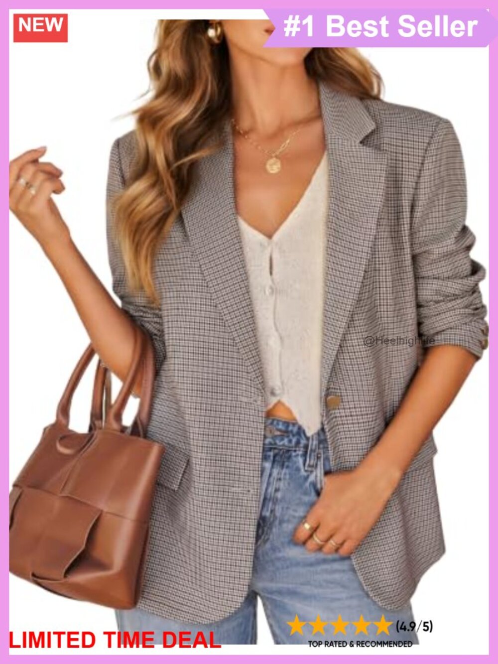 Plaid Blazer Long Sleeve Business Casual Boyfriend Fit Notch Lapel